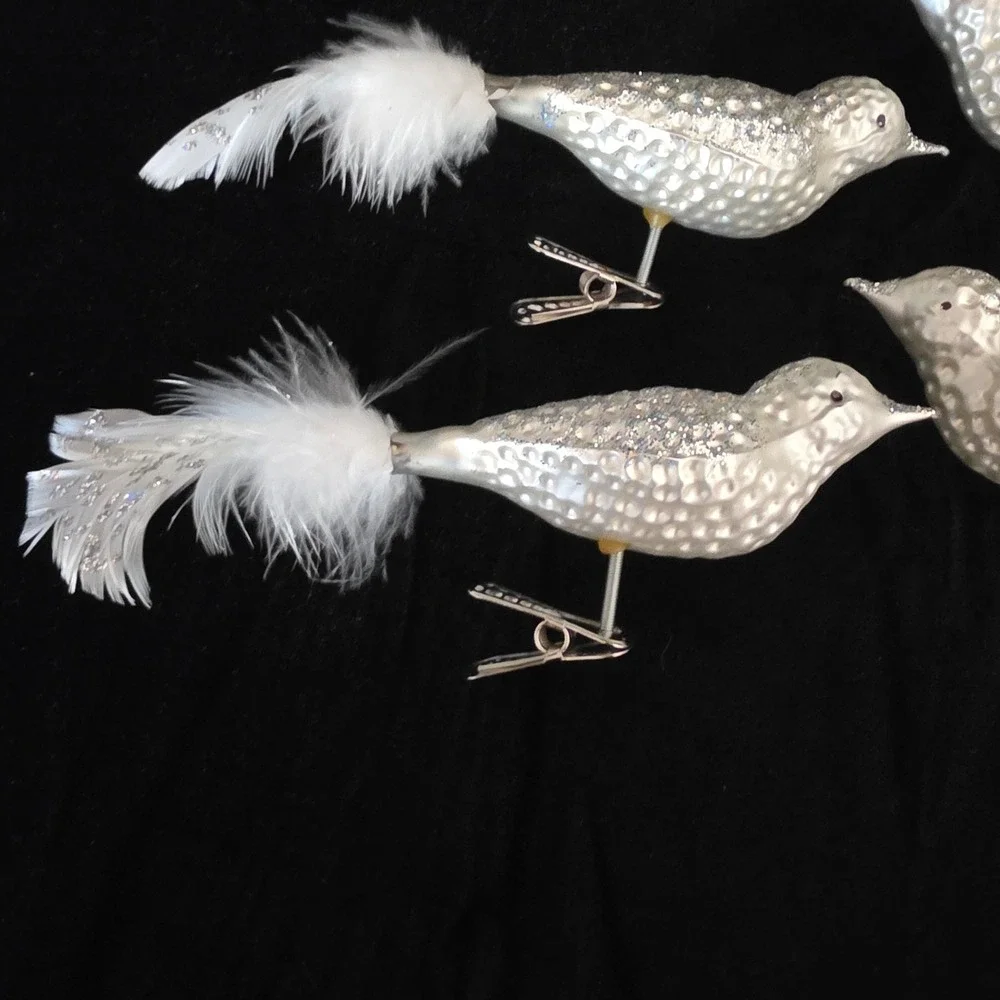 Silver Pearlized Glitter Glass Bird Ornaments w/ Feather Tails Clip On Set 4 7